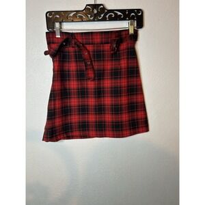 H&M Divided Red Plaid Belted Mini Skirt Size 2 Grommet Belt Grunge Y2K Tartan